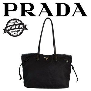 Prada Nylon Saffiano Leather Trimmed Tote Bag Black